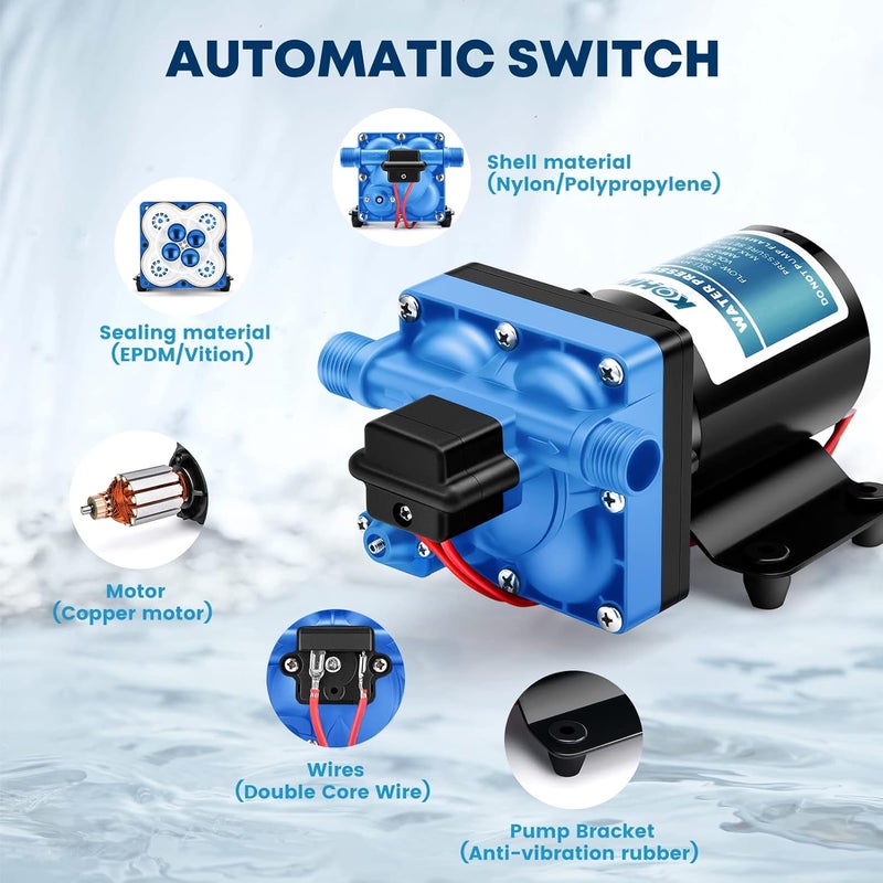 Kohree مضخة مياه RV 5.5GPM 55PSI 12V DC مضخة مياه غشاء مع مفتاح ضغط لـ RV، البحرية، اليخوت، الكرفانات. - Image 3